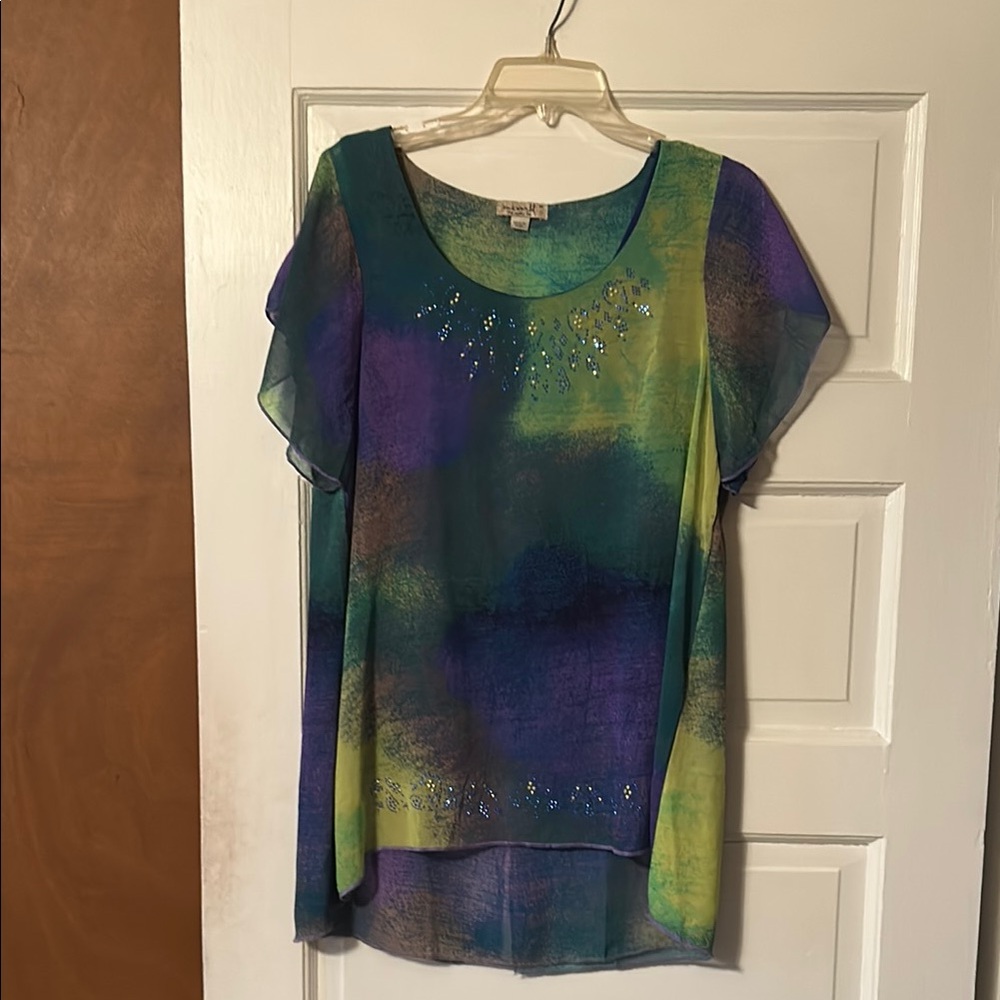 ONE WORLD Graphic Blue and Yellow Embellished Blouse